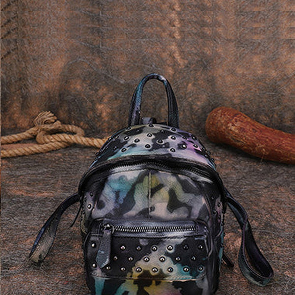 Best Vintage Rivets MIX Leather Rucksack Womens Small School Rucksack Leather Backpack Purse