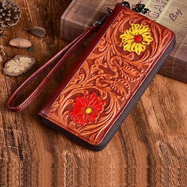 Womens Flower Brown Leather Wristlet Wallets Zip Around Wallet Floral Ladies Zipper Clutch Wallet for Women