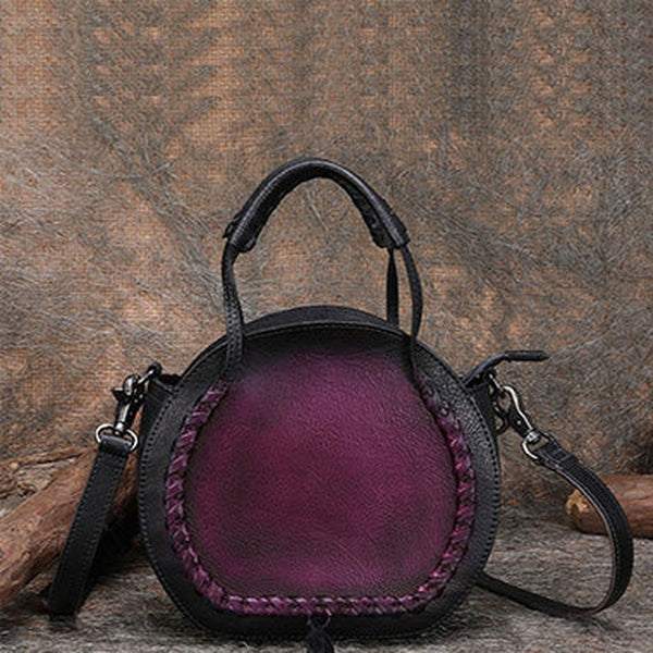 Womens Purple Leather Round Handbag Purses with Tassels Vintage Handmade Round Shoulder Bag Crossbody Handbag for Women