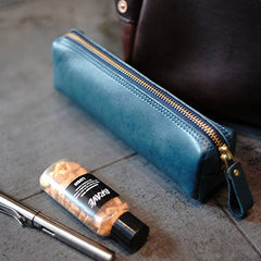 Vintage Women Blue Leather Zipper Pencil Pouch Cosmetic Case Makeup Bag Wallet For Women