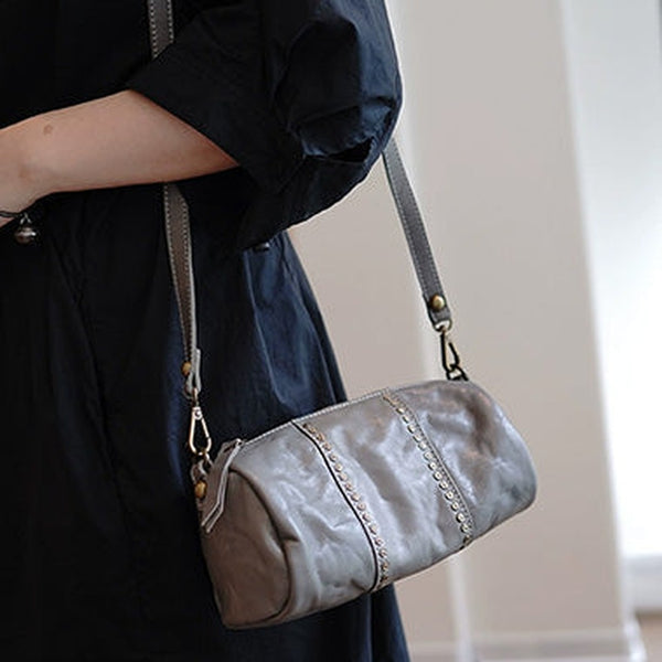 Gray Womens Rivets Small Barrel Shoulder Bag Small Rivets Bucket Crossbody Purse for Ladies