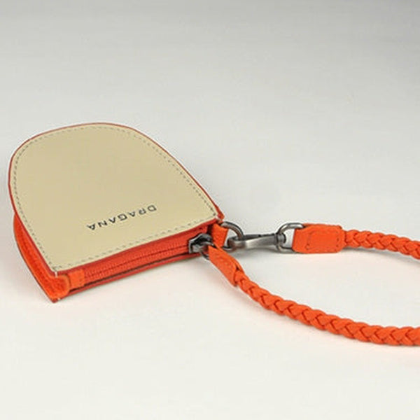 Womens Beige&Orange Leather Coin Zip Wallet with Leather Chain Leather Zip Wristlet Purse for Ladies