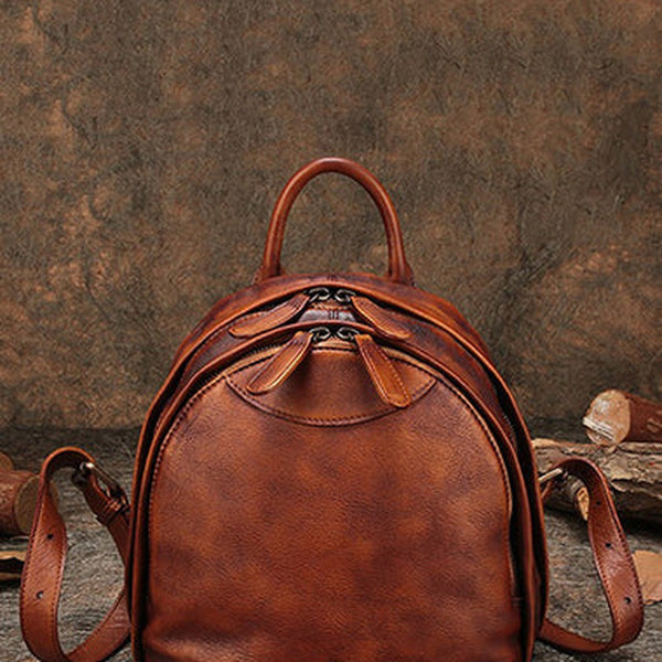 Classic Brown Leather Small Rucksack Womens Compact Leather Backpack Ladies Backpack Purse