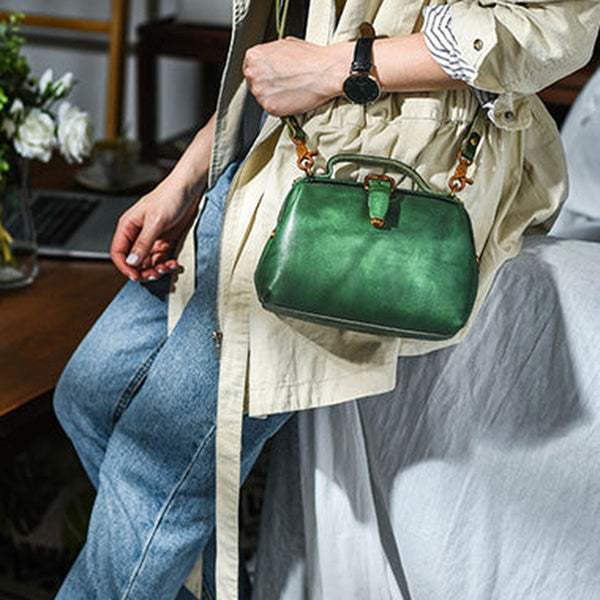 Womens Green Leather Doctor Handbag Purses Vintage Green Doctor Side Purses for Women