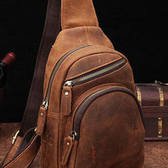 Cool Vintage Brown Leather Chest Bag Sling Bags Crossbody Sling Bag One Shoulder Backpack For Men