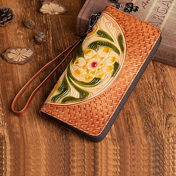 Vintage Floral Brown Leather Wristlet Wallet Womens Flower Zip Around Wallets Floral Ladies Zipper Clutch Wallets for Women