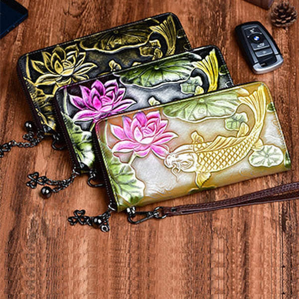 Womens Carp&Lotus Flower Leather Zip Around Wallet Wristlet Wallet Floral Ladies Zipper Clutch Wallet for Women