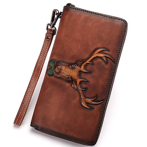Vintage Reindeer Brown Leather Wristlet Wallets Womens Zip Around Wallet Reindeer Ladies Zipper Clutch Wallets for Women