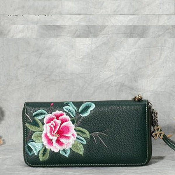 Handmade Embroidery Green Leather Peony Wristlet Wallet Womens Zip Around Wallets Flowers Peony Ladies Zipper Clutch Wallet for Women
