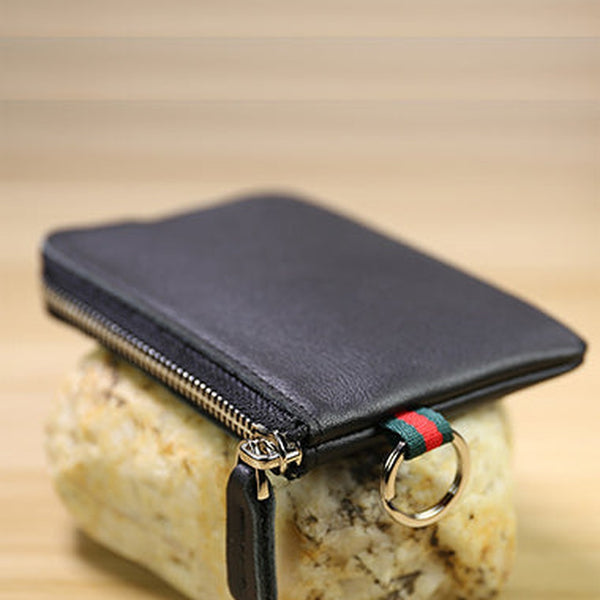 Slim Women Black Leather Mini Zip Wallet with Keychain Billfold Minimalist Coin Wallet Small Zip Change Wallet For Women