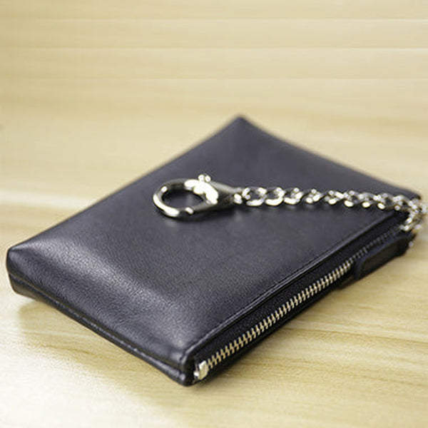 Cute Women Black Leather Mini Zip Billfold Wallet with Keychain Coin Wallet Small Zip Change Wallet For Women