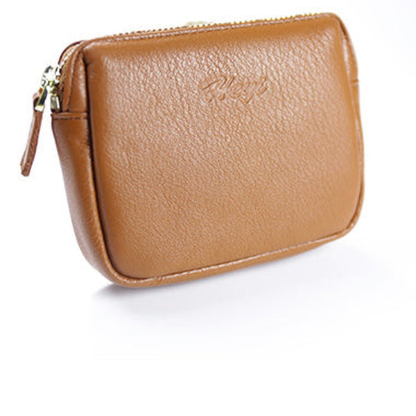 Cute Women Tan Leather Mini Zip Billfold Wallet Coin Wallet Small Zip Change Wallets For Women