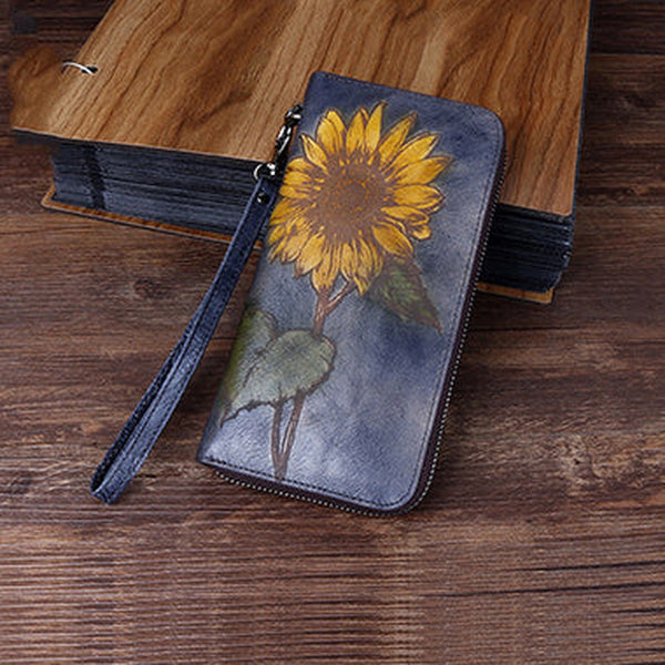 Handmade Sunflower Gray Leather Wristlet Wallet Womens Zip Around Wallets Sunflower Ladies Zipper Clutch Wallet for Women