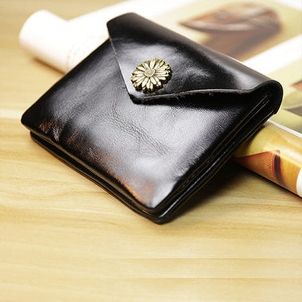 Cute Women Sunflower Black Leather Mini Billfold Wallet Coin Wallets Slim Change Wallets For Women