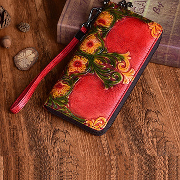 Womens Floral Red Leather Wristlet Wallets Flowers Zip Around Wallet Floral Ladies Zipper Clutch Wallet for Women