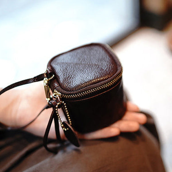 Vintage Coffee Leather Wristlet Wallet Cube Zip Clutch Wallet Womens Tan Ladies Zip Around Wallets for Women