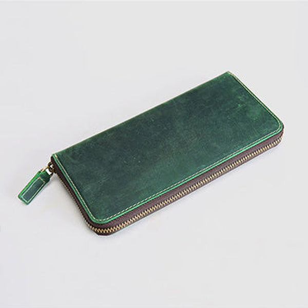MENS Green LEATHER ZIPPER LONG CLUTCH Personalized WALLETs ZIPPER VINTAGE LONG WALLET FOR MEN