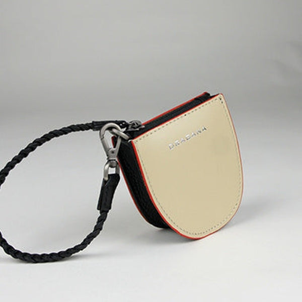 Womens Beige&Black Leather Coin Zip Wallet with Leather Chain Leather Zip Wristlet Purse for Ladies