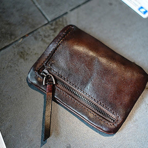 Vintage Women Small Coffee Leather Zip Coin Pouch Mini Coin Wallet Change Wallet For Women