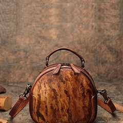 Womens Mix Brown Leather Round Handbag Purses Vintage Handmade Round Shoulder Bag Crossbody Handbag for Women