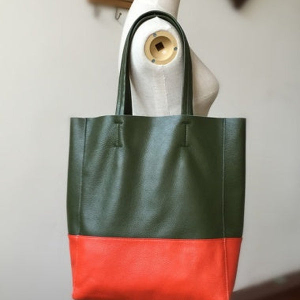 Green&Orange Leather Tote Bag Two Tone Tote Bag Womens Two Tone Purse Leather Work Tote Bag