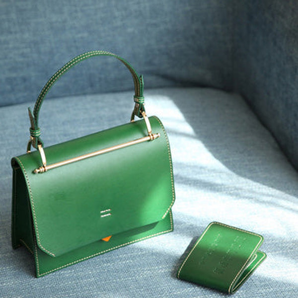 Fashion Womens Green Leather Flap Over Handbag Purse Handmade Square Crossbody Bag Shoulder Bag Purse
