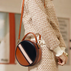 Womens Brown Leather Round Handbag CONTRAST COLOR Crossbody Purse Brown Round Shoulder Bag for Women