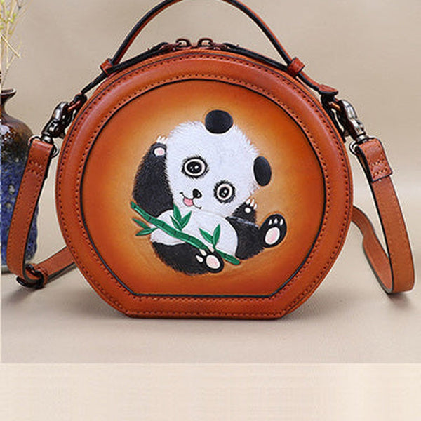 Cutest Women Brown Leather Round Handbag Panda Crossbody Purse Vintage Round Shoulder Bags for Women