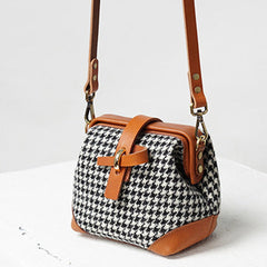 Handmade Womens Black&White Leather Tweed Doctor Handbag Small Side Purses Doctor Purse for Women