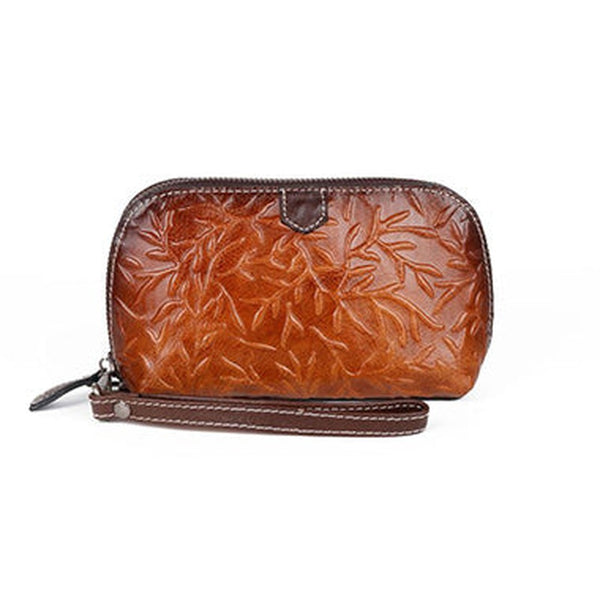 Womens Floral Brown Leather Zip Around Wallets Wristlet Wallet Floral Ladies Zipper Clutch Wallet for Women