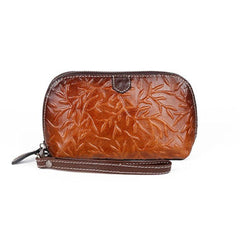 Womens Floral Brown Leather Zip Around Wallets Wristlet Wallet Floral Ladies Zipper Clutch Wallet for Women