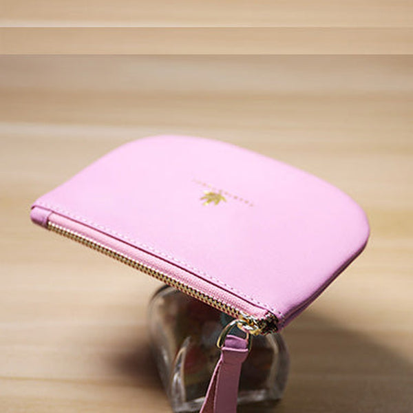 Slim Women Pink Leather Zip Card Wallet Saddle Minimalist Coin Wallet Small Zip Change Wallet For Women