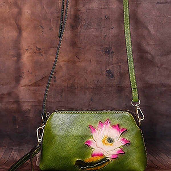 Womens Lotus Flower Green Leather Wristlet Wallets Shoulder Bag Small Crossbody Bag for Women