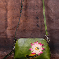 Womens Lotus Flower Green Leather Wristlet Wallets Shoulder Bag Small Crossbody Bag for Women