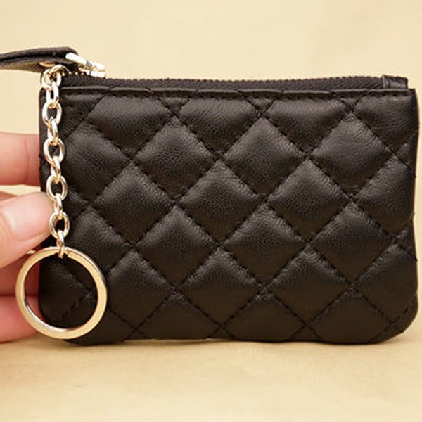 Mini Women Black Leather Zip Coin Wallet with Keychains Keys Wallet Small Zip Change Wallet For Women