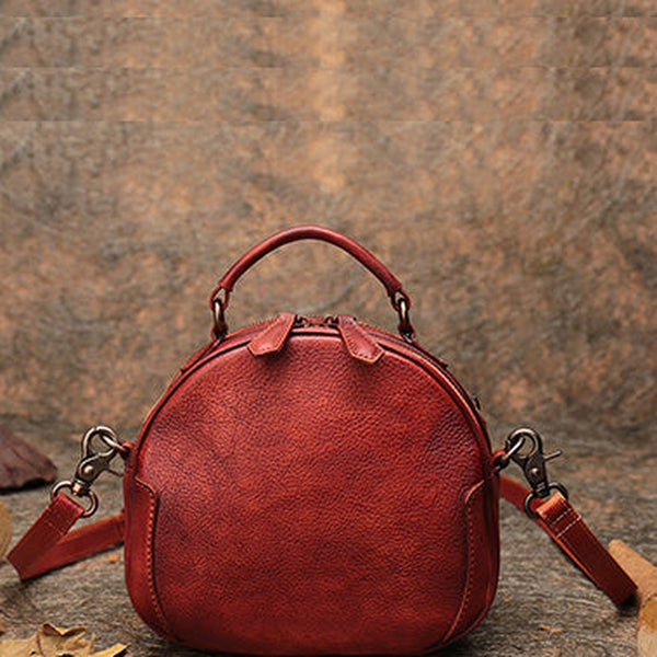 Womens Red Leather Round Handbag Purses Vintage Handmade Round Shoulder Bag Crossbody Handbag for Women