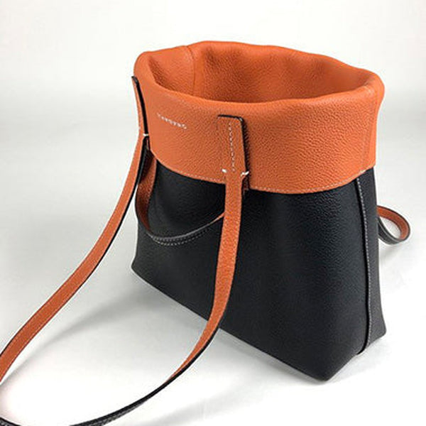 Cute Womens Black&Orange Leather Shoulder Tote Bag Best Tote Handbag Shopper Bag Purse for Ladies