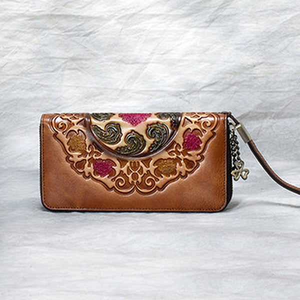 Handmade Floral Brown Leather Wristlet Wallet Womens Zip Around Wallets Floral Cards Ladies Zipper Clutch Wallet for Women