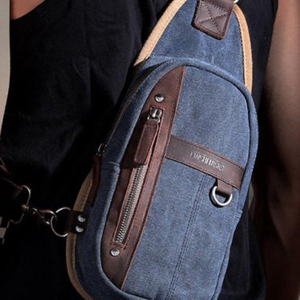 Blue Canvas Sling Backpack Men's Sling Bag Khaki Chest Bag Canvas One shoulder Backpack For Men