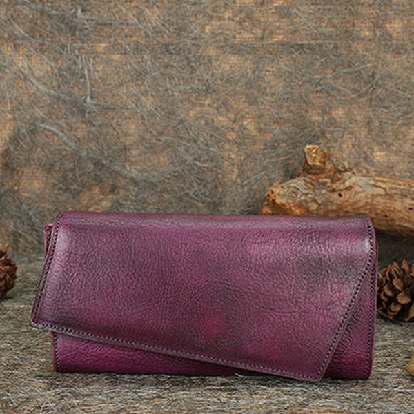 Purple Womens Geometry Leather Trifold Long Wallet Vintage Clutch Wallet for Ladies