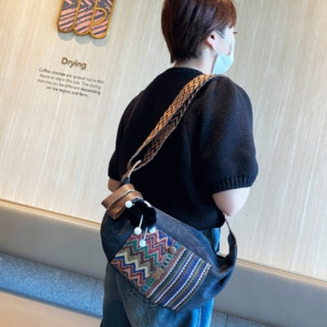 Boho Canvas Saddle Shoulder Bag Women Boho Embroidery Canvas Crossbody Bag