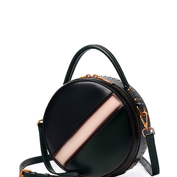Womens Green Leather Round Handbag CONTRAST COLOR Crossbody Purse Green Round Shoulder Bag for Women