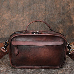 Handmade Womens Coffee Leather Mini Satchel Shoulder Bag Best Handbag Cube Crossbody Purses for Ladies