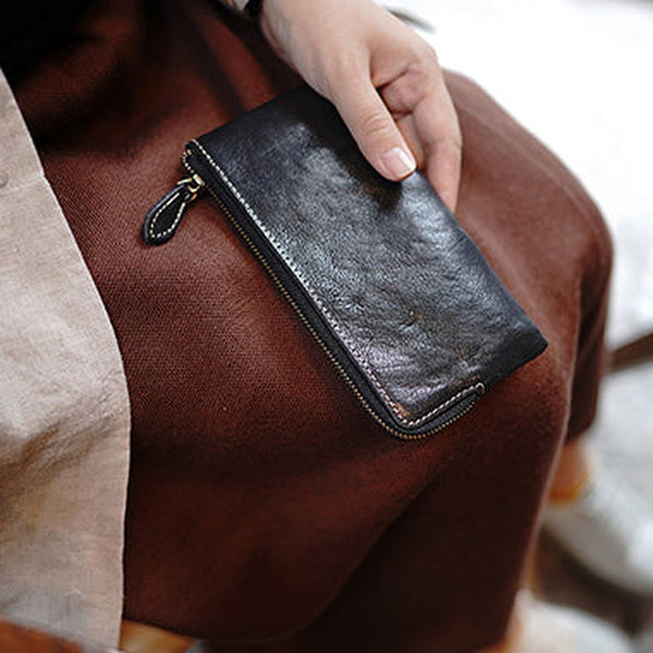 Cute Women Black Zip Leather Wallet Zip Clutch Wallet Slim Zip Wallet For Women