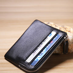 Slim Women Black Leather Card Wallet Minimalist Zip Billfold Card Holder Wallet Coin Wallet For Women