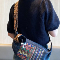 Boho Canvas Saddle Shoulder Bag Women Boho Embroidery Canvas Saddle Crossbody Bag