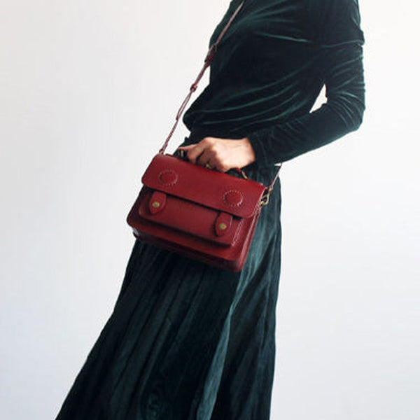 Womens Red Brown Leather Satchel Crossbody Bag Handmade School Handbag Shoulder Bag for Ladies
