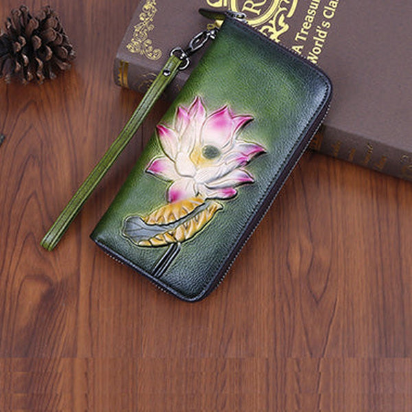 Womens Lotus Flower Green Leather Wristlet Wallets Zip Around Wallet Flower Ladies Zipper Clutch Wallet for Women