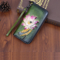 Womens Lotus Flower Green Leather Wristlet Wallets Zip Around Wallet Flower Ladies Zipper Clutch Wallet for Women