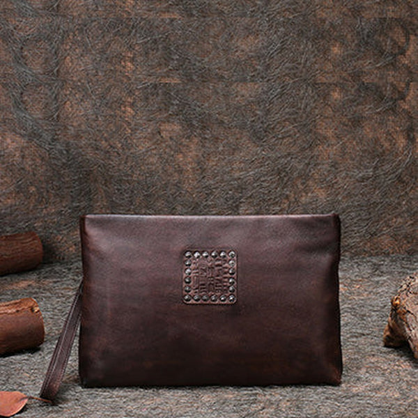 Handmade Womens Coffee Leather Large Wristlet Wallets Zip Clutch Purse Ladies Zipper Clutch Wallets for Women